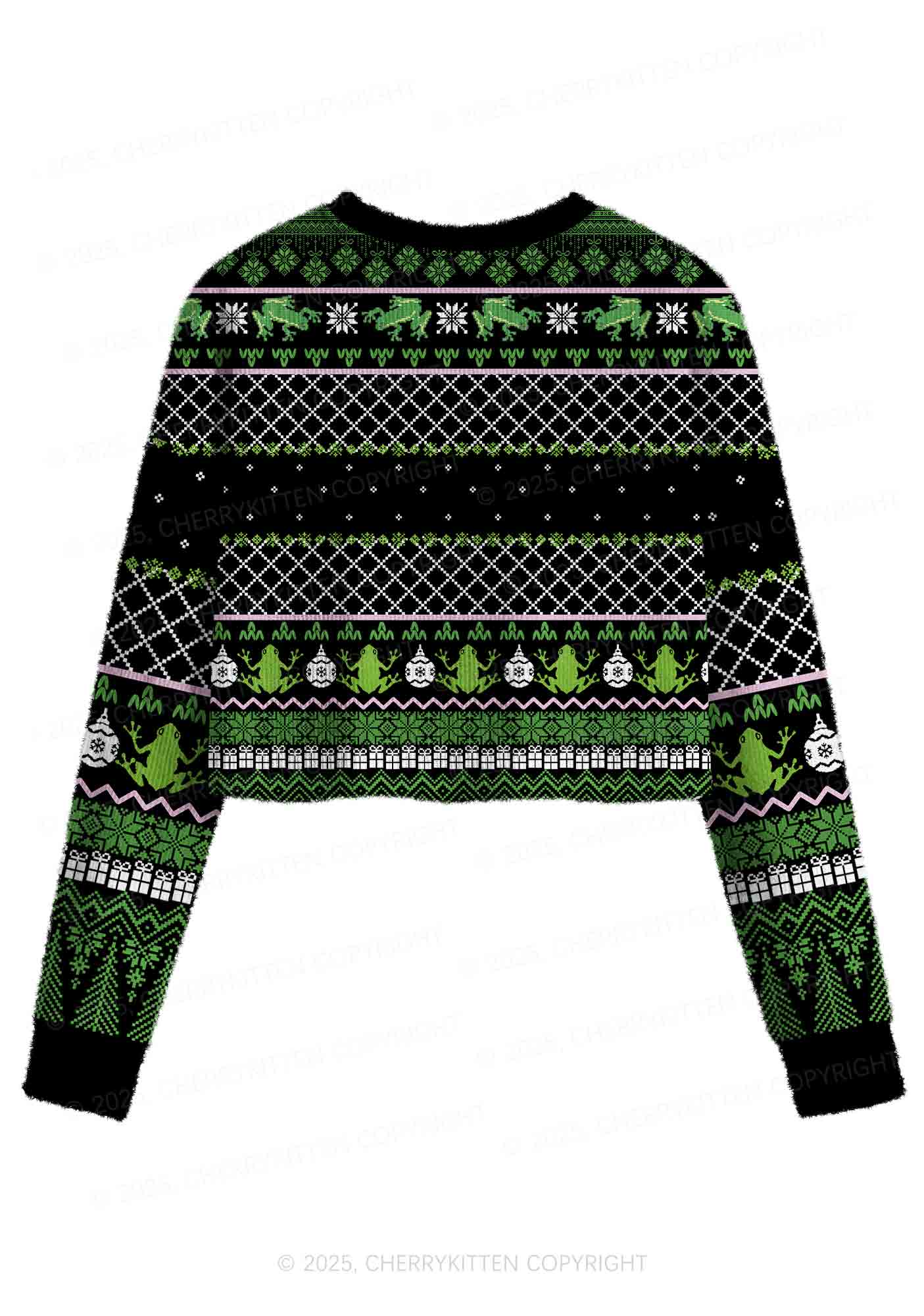 Eat The Rich Frog Y2K Christmas Crop Knit Sweatshirt Cherrykitten