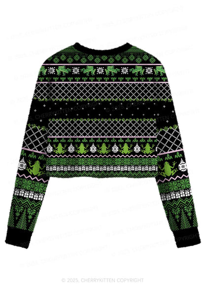 Eat The Rich Frog Y2K Christmas Crop Knit Sweatshirt Cherrykitten