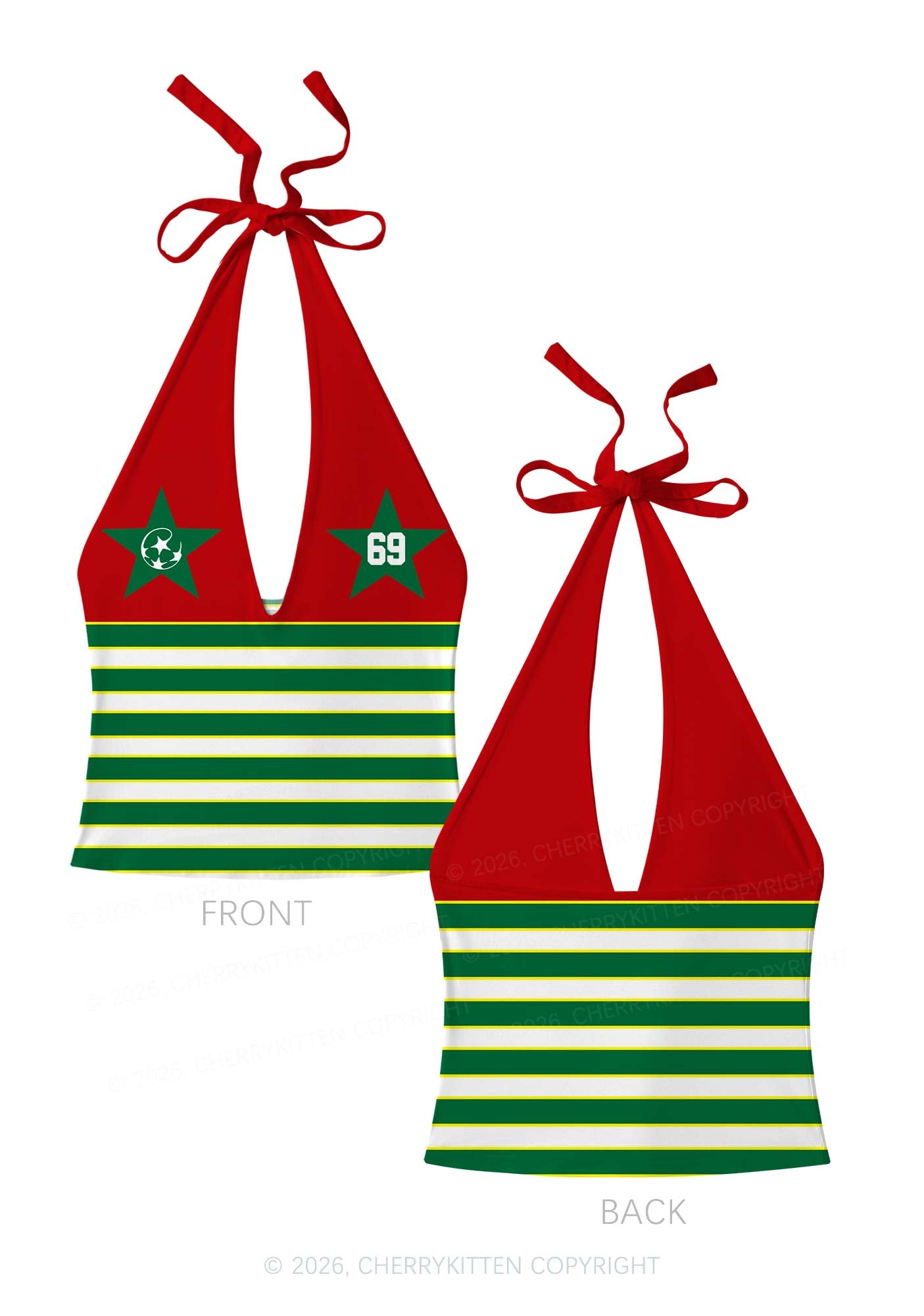 Green White Stripe Stars Y2K Print Halter Deep V Neck Cami Cherrykitten