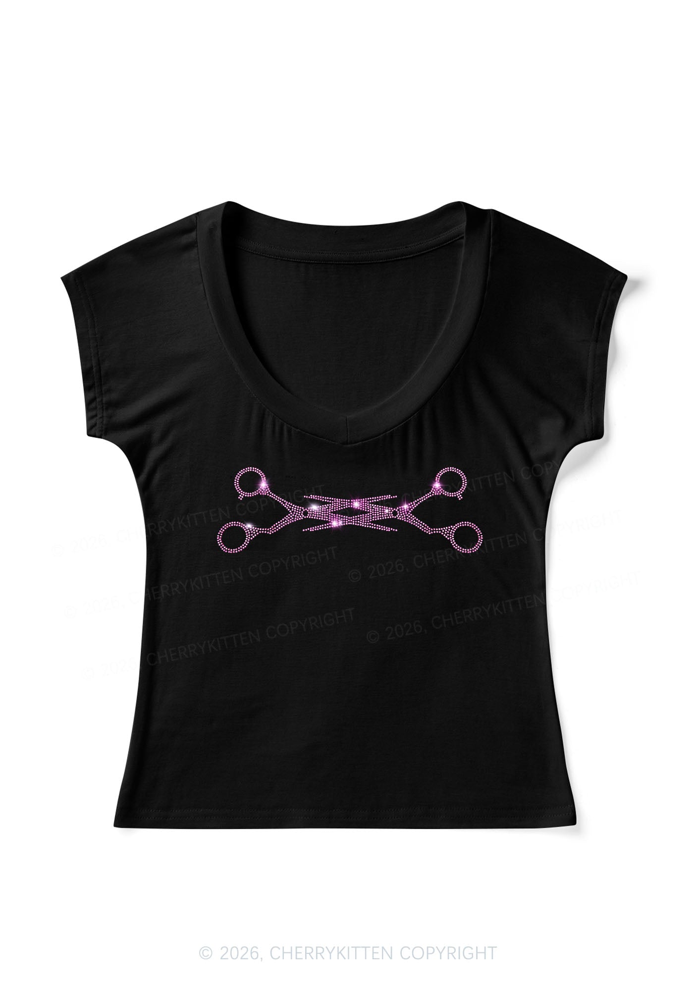 Rhinestone Pink Scissor Pride Y2K V Neck T Shirts Cherrykitten