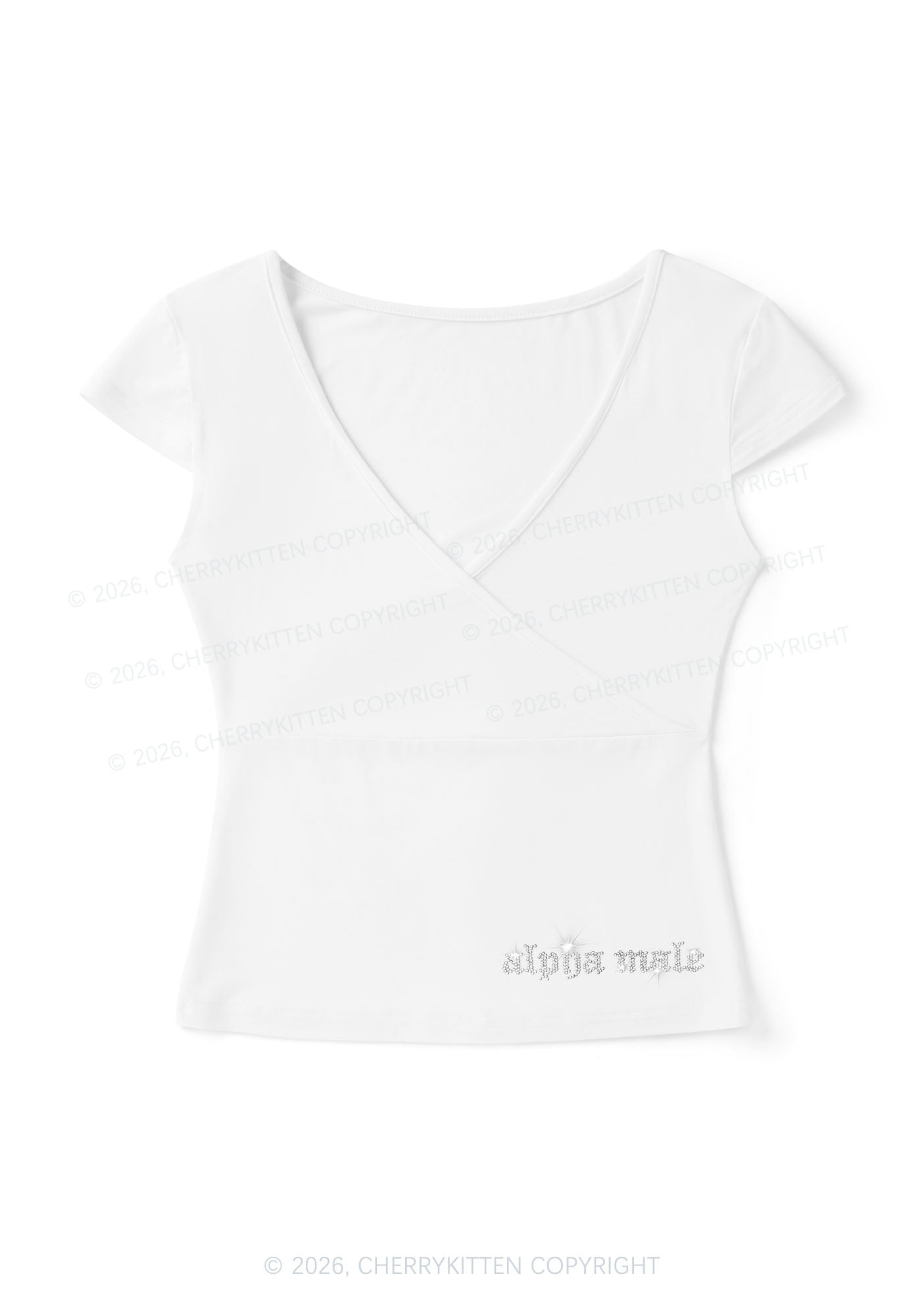 Rhinestone Mini Alpha Male Y2K Wrap V Neck T Shirts Cherrykitten