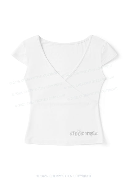 Rhinestone Mini Alpha Male Y2K Wrap V Neck T Shirts Cherrykitten