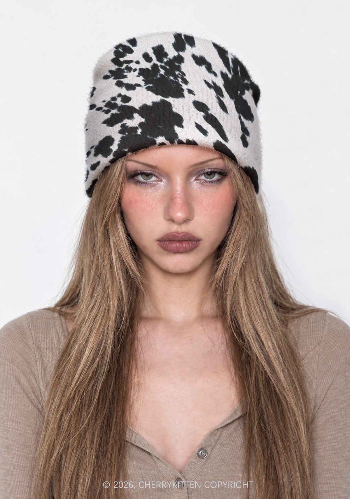 Black And White Cow Dots Y2K Print Knit Beanie Cherrykitten