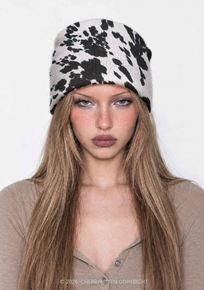 Black And White Cow Dots Y2K Print Knit Beanie Cherrykitten