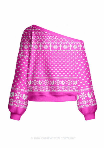 Pink Cxxt Y2K Off Shoulder Knit Sweatshirt Cherrykitten