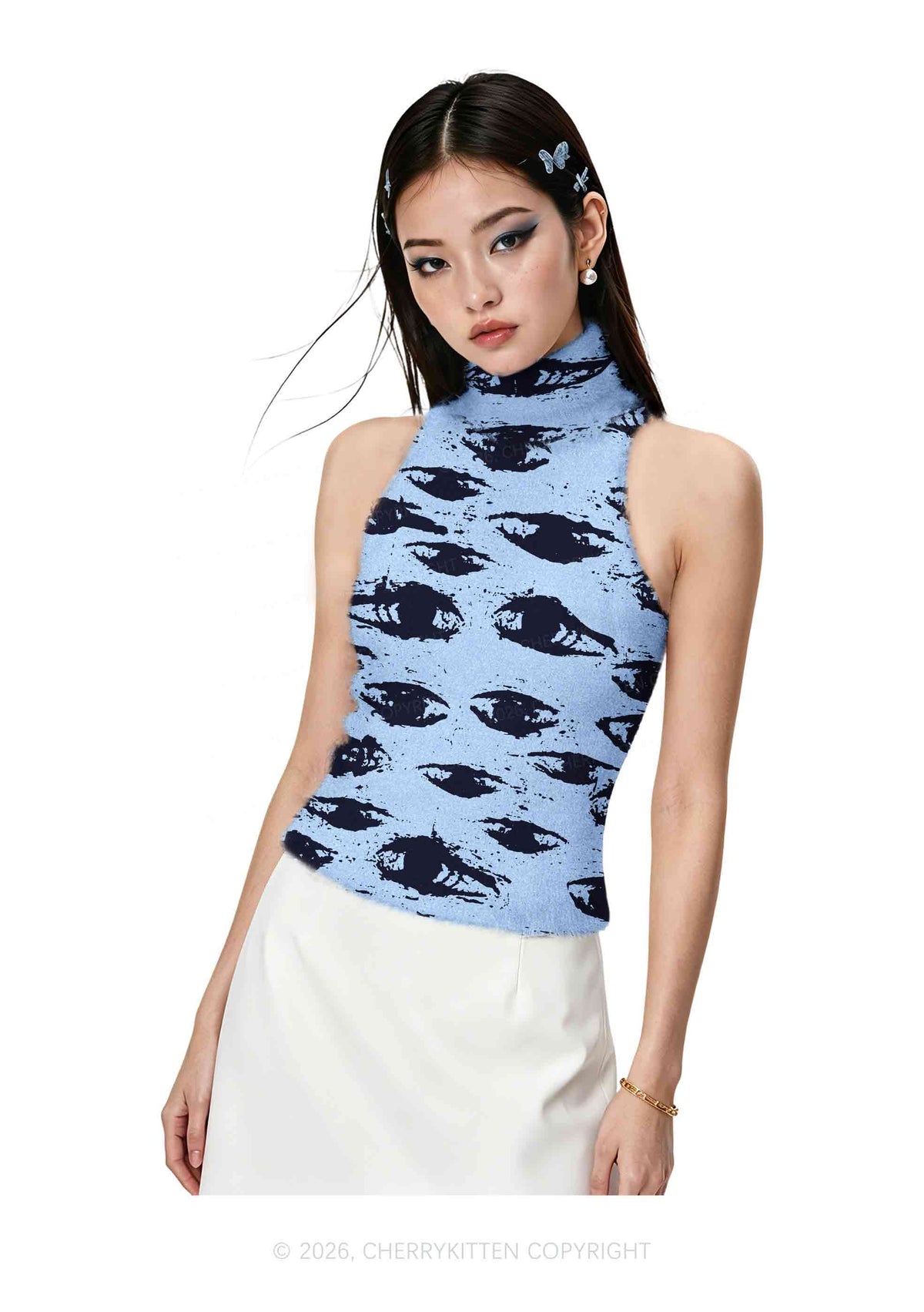 Eyes In The Blue Y2K Knit Turtleneck Tank Top Cherrykitten
