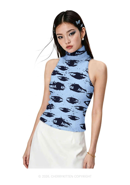 Eyes In The Blue Y2K Knit Turtleneck Tank Top Cherrykitten