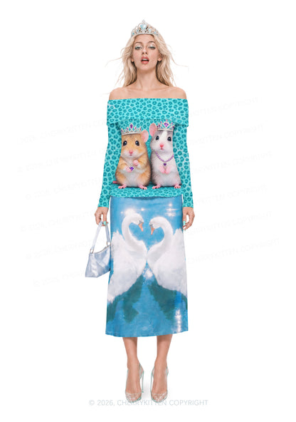 Mint Leopard Hamster Y2K Off Shoulder Fold Over Knit Top Cherrykitten