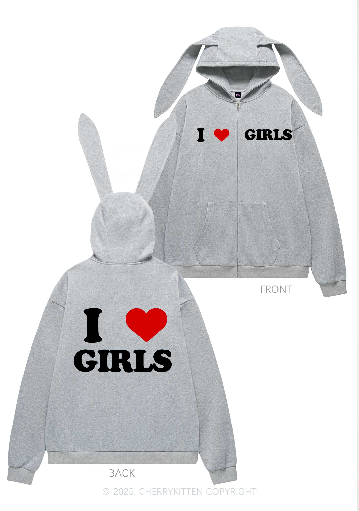 I Love Girls Y2K Bunny Ear Zip Hoodie Cherrykitten