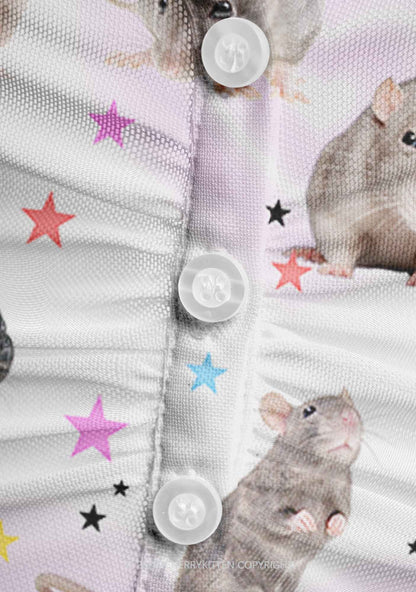 Cute Rats Y2K Mesh Ruched Waist V Neck Top Cherrykitten