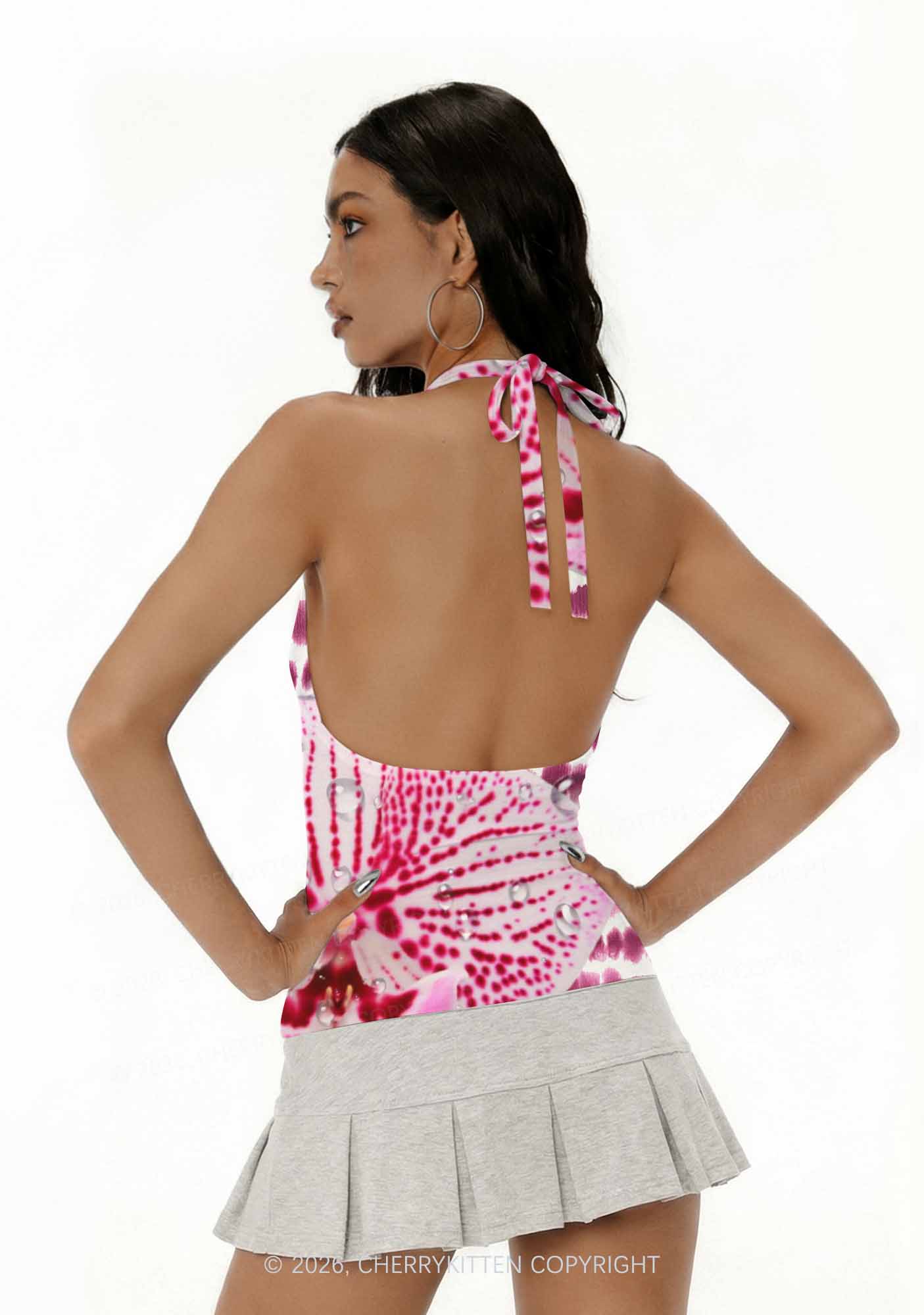 Pink Orchid Dewdrops Y2K Print Halter Deep V Neck Cami Cherrykitten