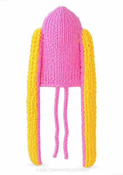 Halloween Pink And Yellow Bunny Ear Y2K Knitted Hat Cherrykitten