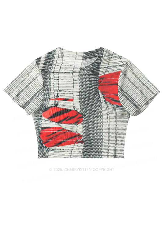 Tiger Striped Red Block Y2K Mesh Crop Top Cherrykitten