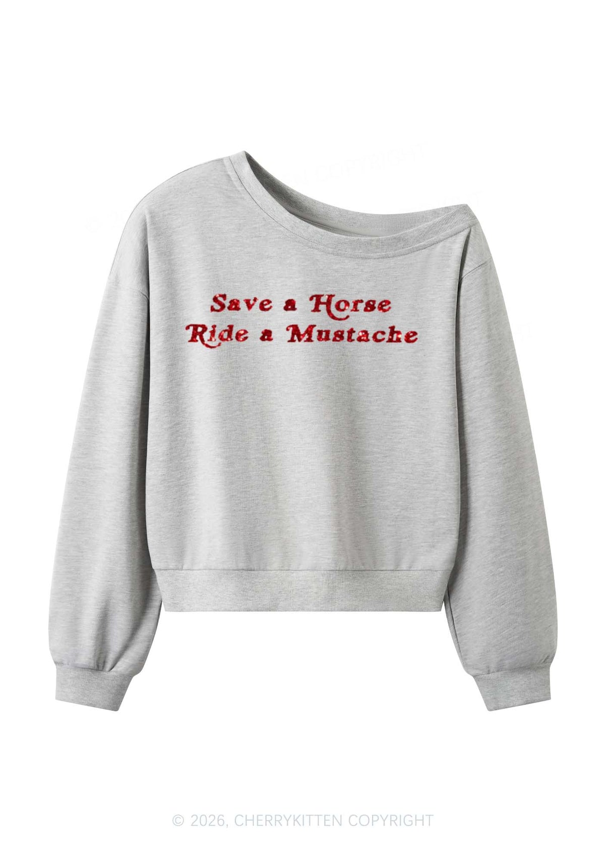 Glitter Ride A Mustache Y2K Off Shoulder Sweatshirts Cherrykitten
