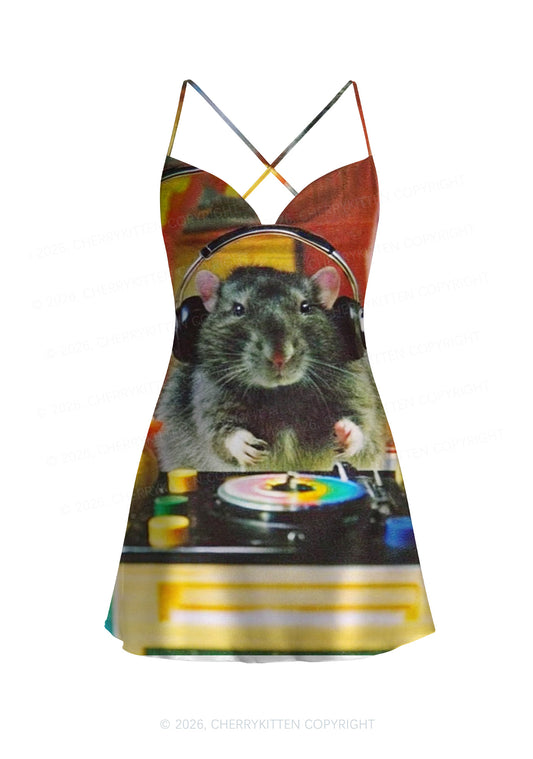 DJ Rat Duck Y2K Print Satin Cowl Neck Slip Dress Cherrykitten