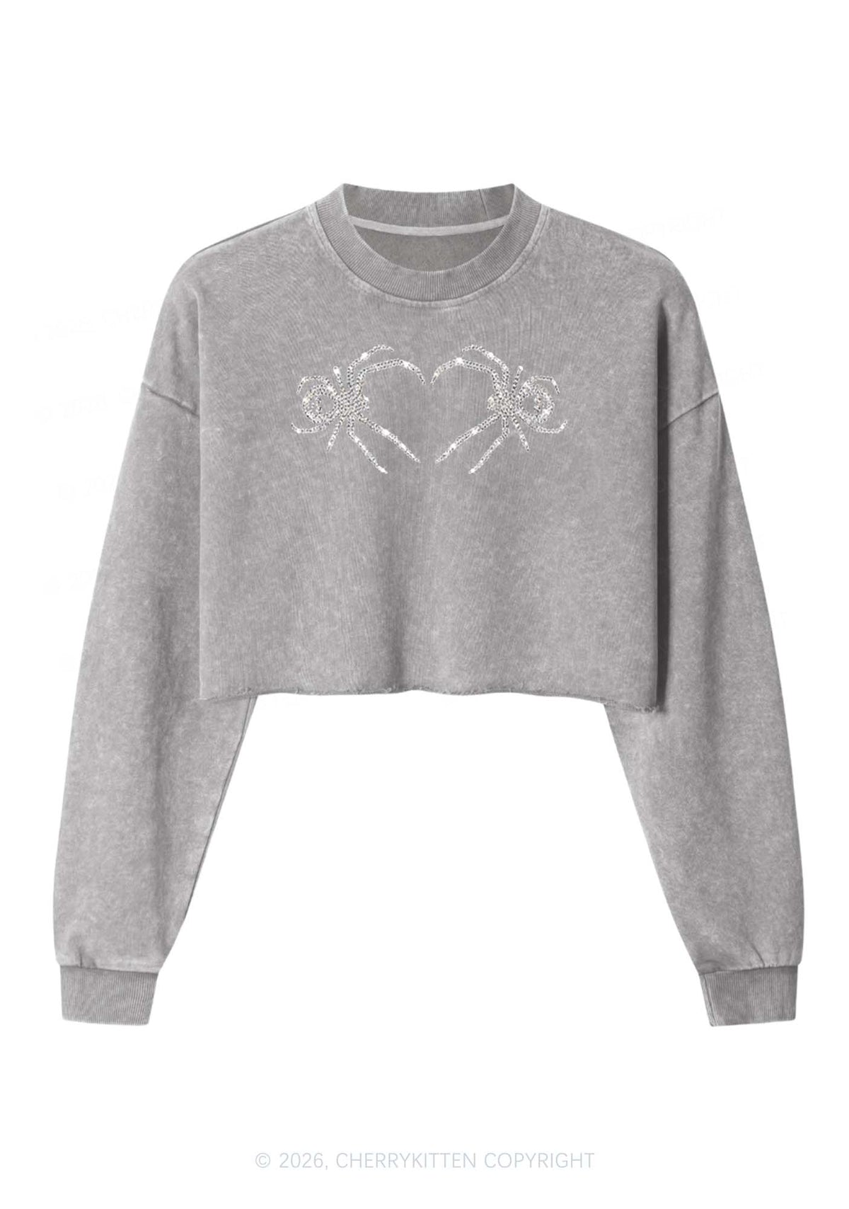 Rhinestone Skull Spider Y2K Crop Washed Sweatshirts Cherrykitten