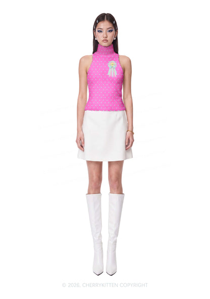 Cxxt Bow Badge Dots Y2K Knit Turtleneck Tank Top Cherrykitten