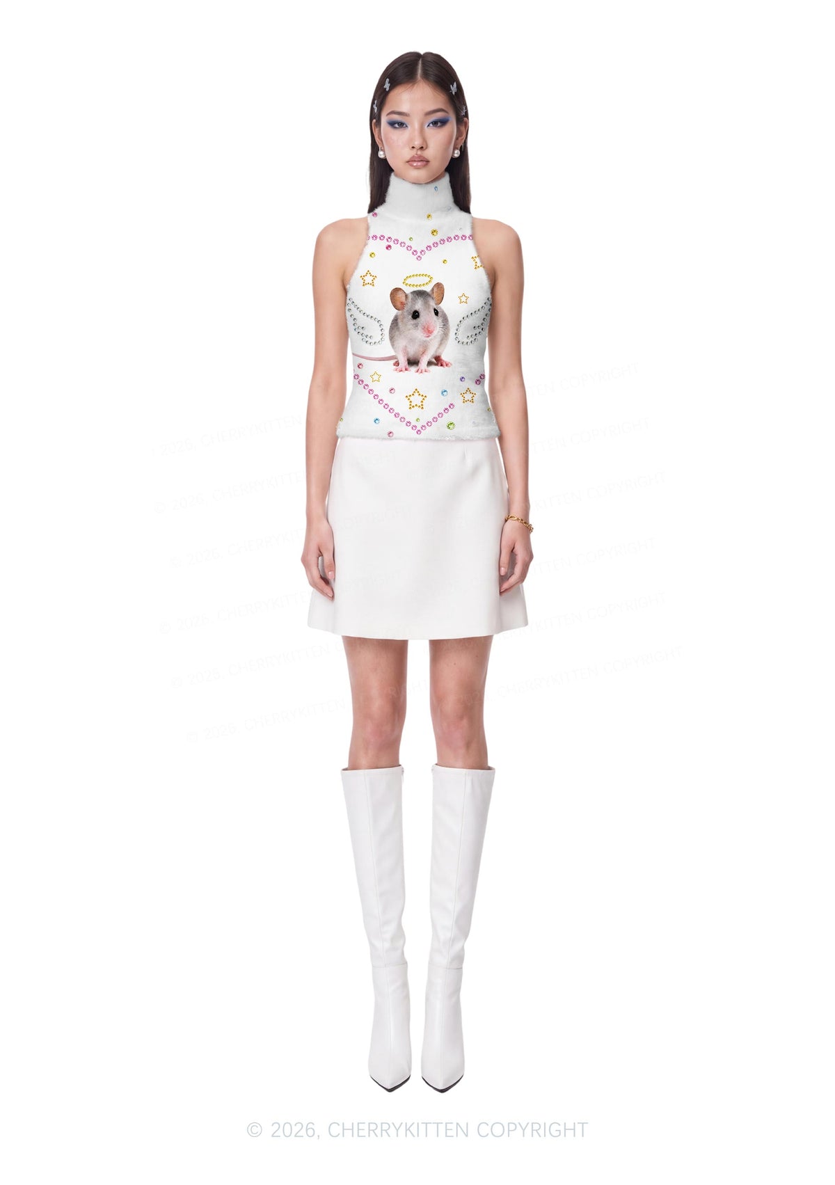 Rhinestone Angel Rat Y2K Knit Turtleneck Tank Top Cherrykitten