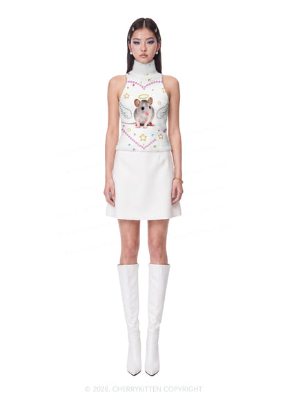 Rhinestone Angel Rat Y2K Knit Turtleneck Tank Top Cherrykitten