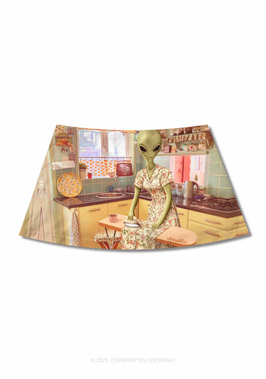 Halloween Alien Housewife Y2K Print Mini Skirt Cherrykitten
