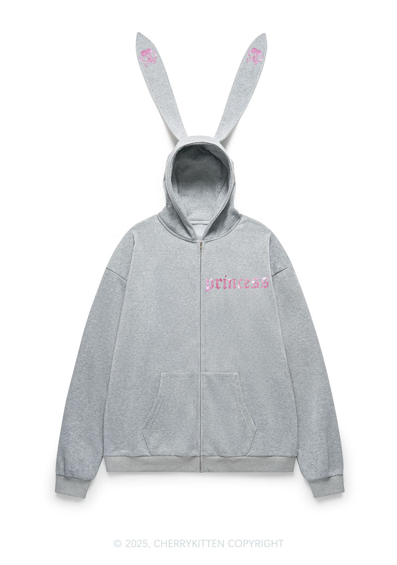 Rhinestone Princess Y2K Bunny Ear Zip Hoodie Cherrykitten