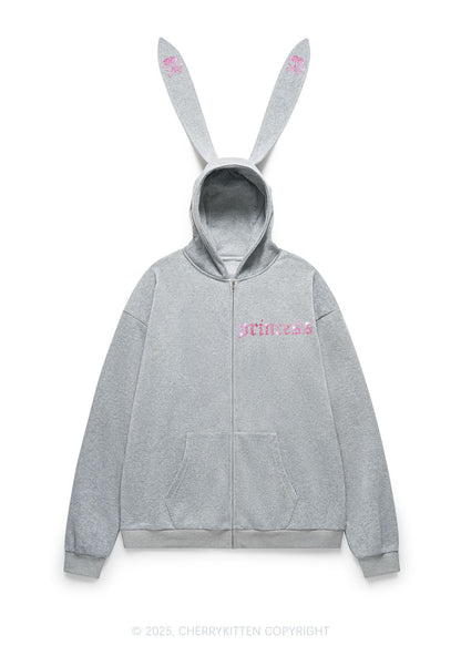 Rhinestone Princess Y2K Bunny Ear Zip Hoodie Cherrykitten
