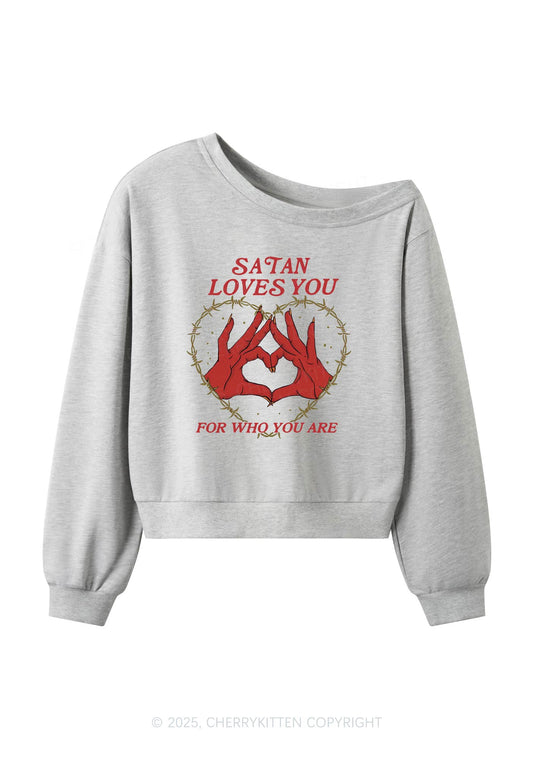Satan Loves You Heart Halloween Y2K Off Shoulder Sweatshirts Cherrykitten