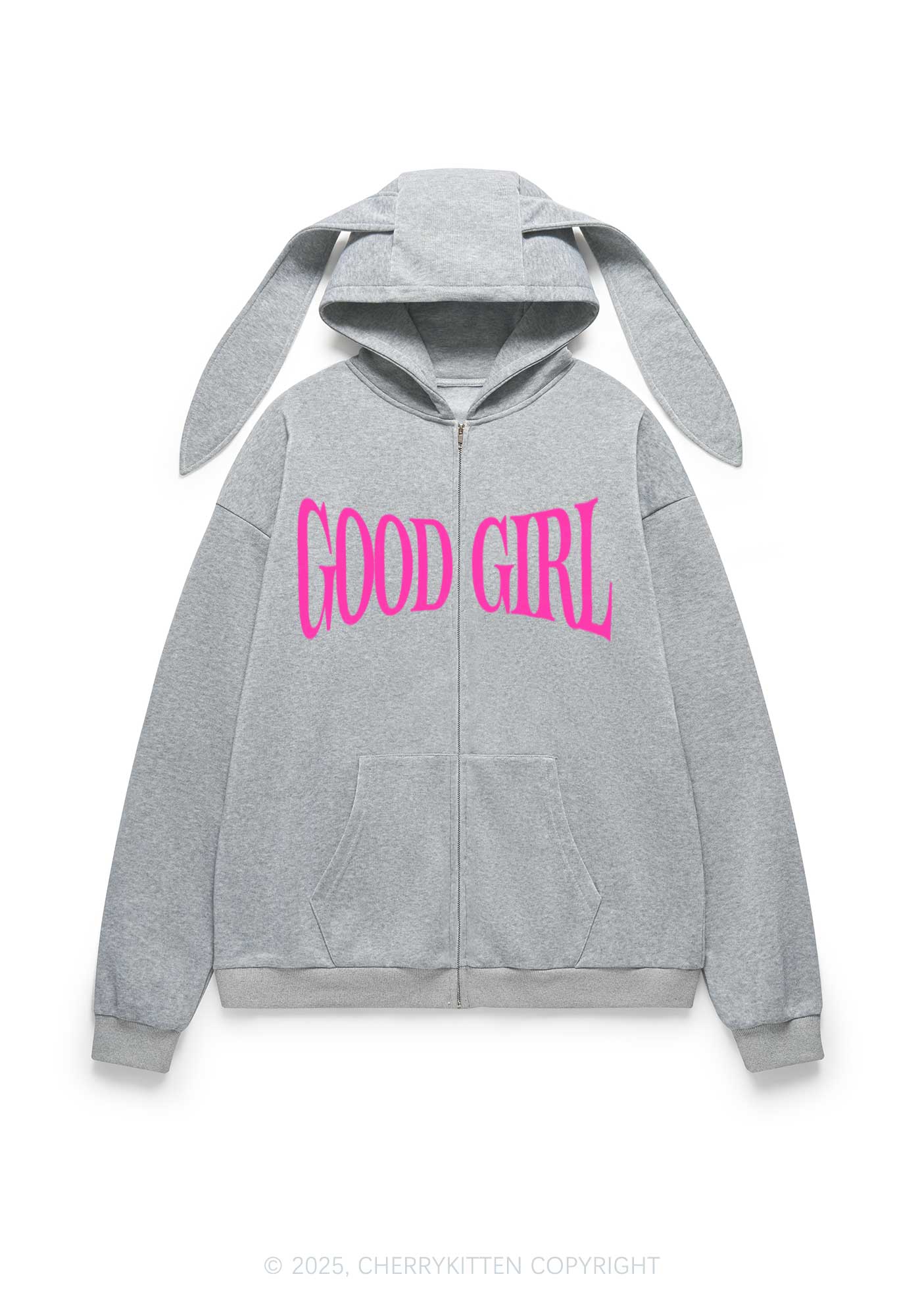 Good Girl Y2K Bunny Ear Zip Hoodie Cherrykitten