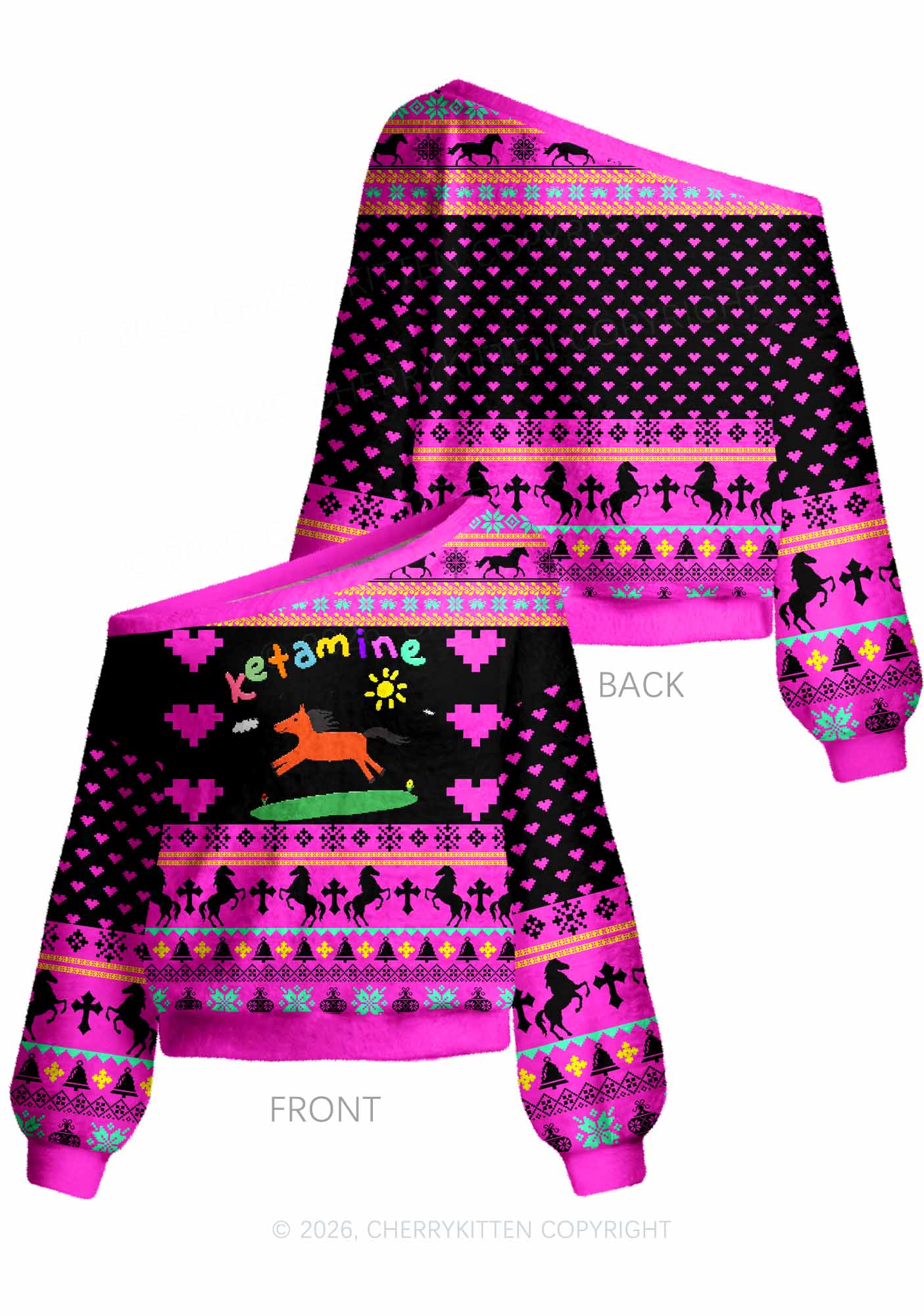 Orange Pony Y2K Off Shoulder Knit Sweatshirt Cherrykitten