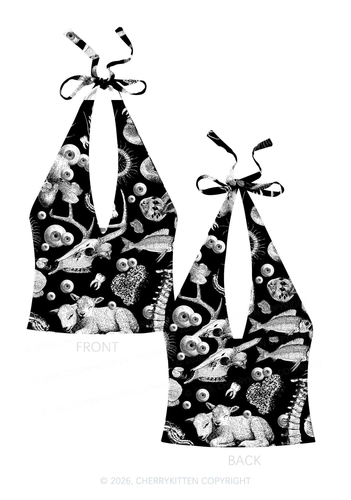 Halloween Dark Sheep Bone Y2K Print Halter Deep V Neck Cami Cherrykitten