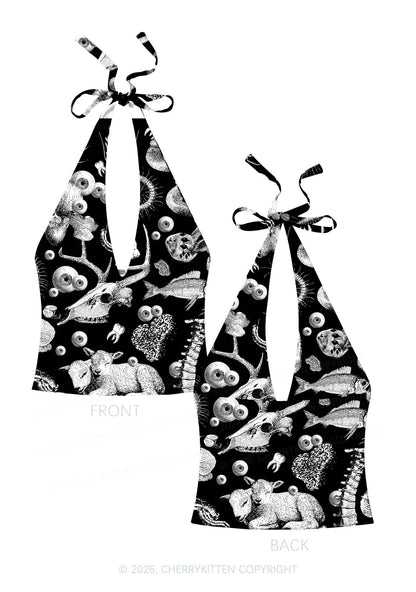 Halloween Dark Sheep Bone Y2K Print Halter Deep V Neck Cami Cherrykitten