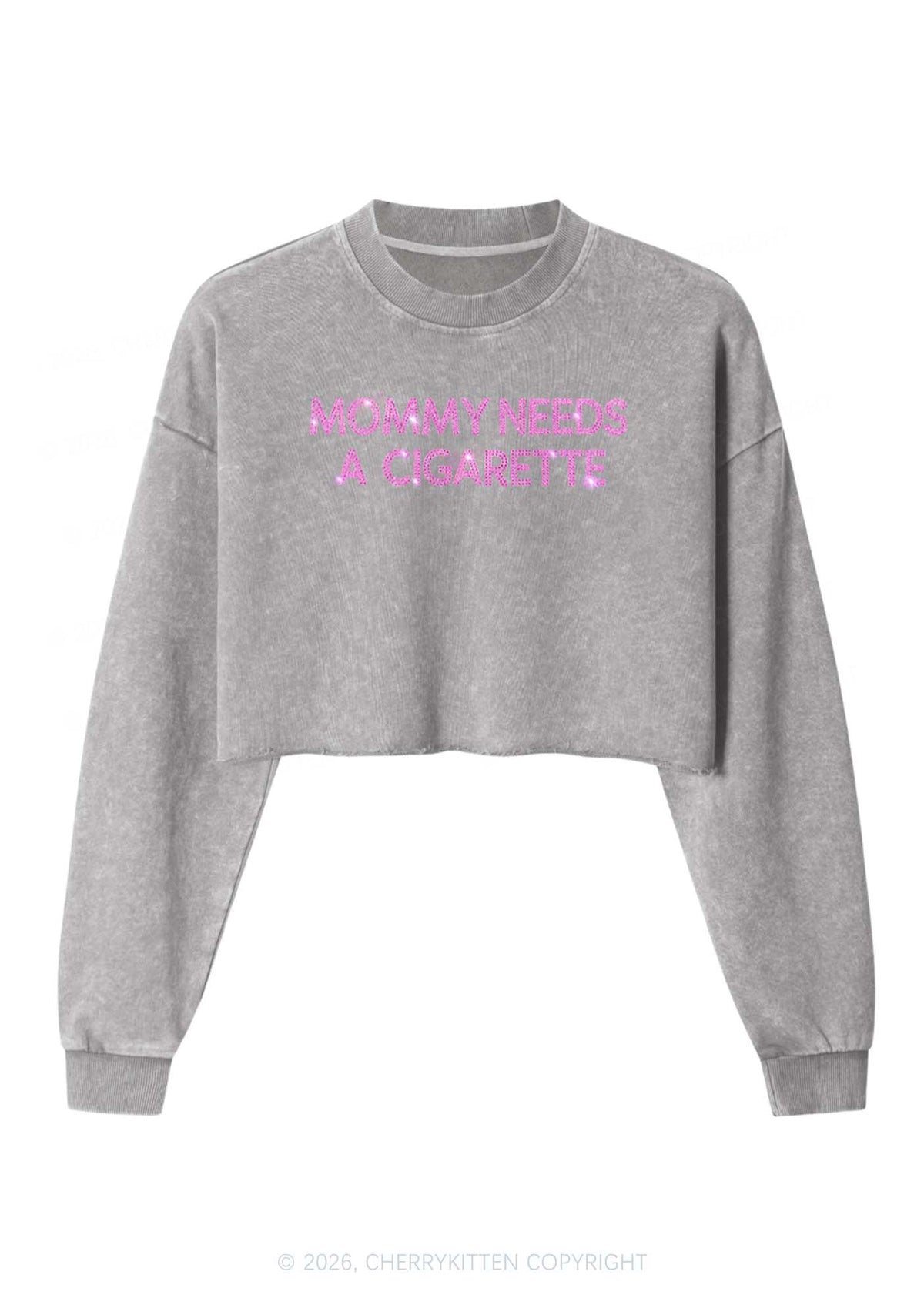 Rhinestone Mommy Needs Cigarette Y2K Crop Washed Sweatshirts Cherrykitten