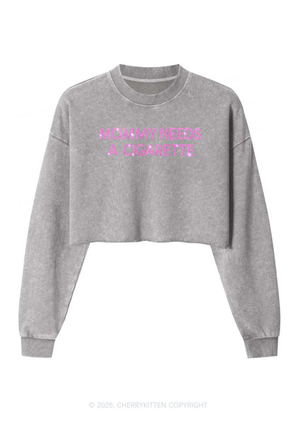 Rhinestone Mommy Needs Cigarette Y2K Crop Washed Sweatshirts Cherrykitten