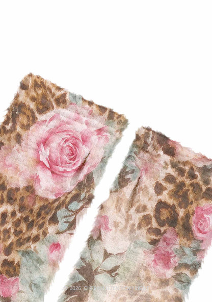 Pink Rose Leopard Y2K Print Fuzzy Arm Warmers Cherrykitten