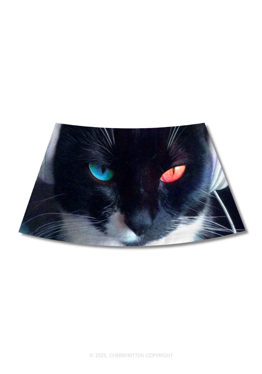 Odd Eyed Cat Y2K Print Mini Skirt Cherrykitten