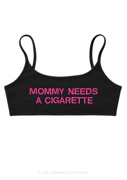 Embroidered Mommy Needs A Cigarette Y2K Super Crop Cami Cherrykitten