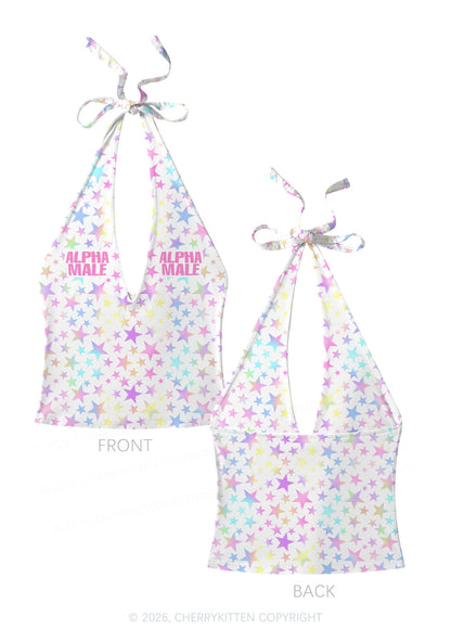 Pastel Star Alpha Male Y2K Print Halter Deep V Neck Cami Cherrykitten