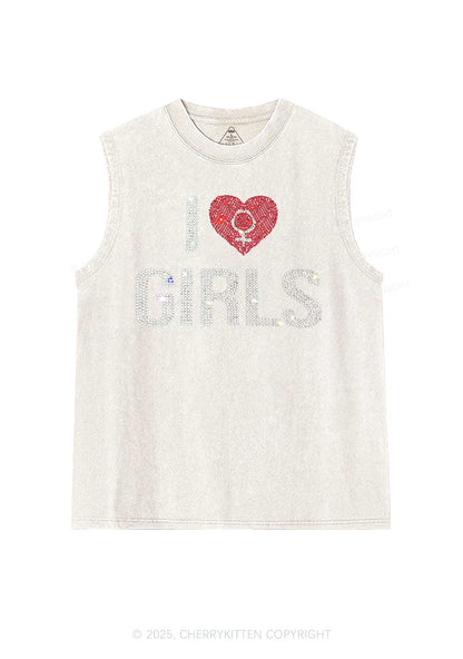 Rhinestone I Love Girls Pride Y2K Washed Muscle Tank Cherrykitten