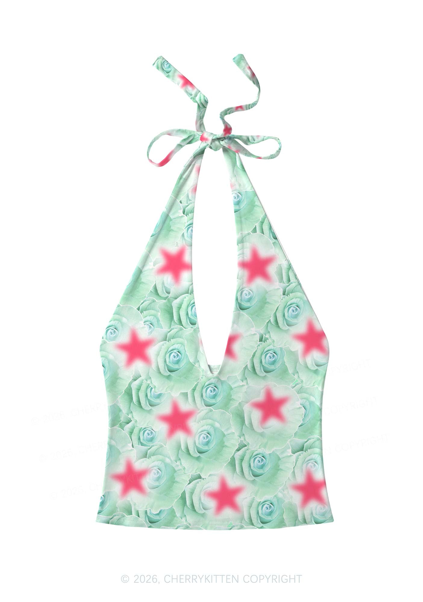 Mint Green Rose Pink Star Y2K Print Halter Deep V Neck Cami Cherrykitten