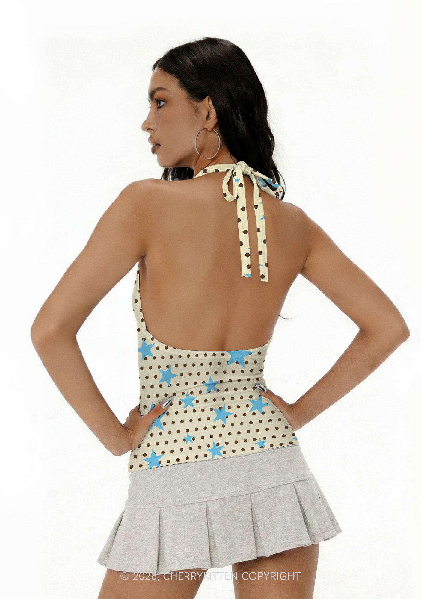 Dots With Blue Star Y2K Print Halter Deep V Neck Cami Cherrykitten