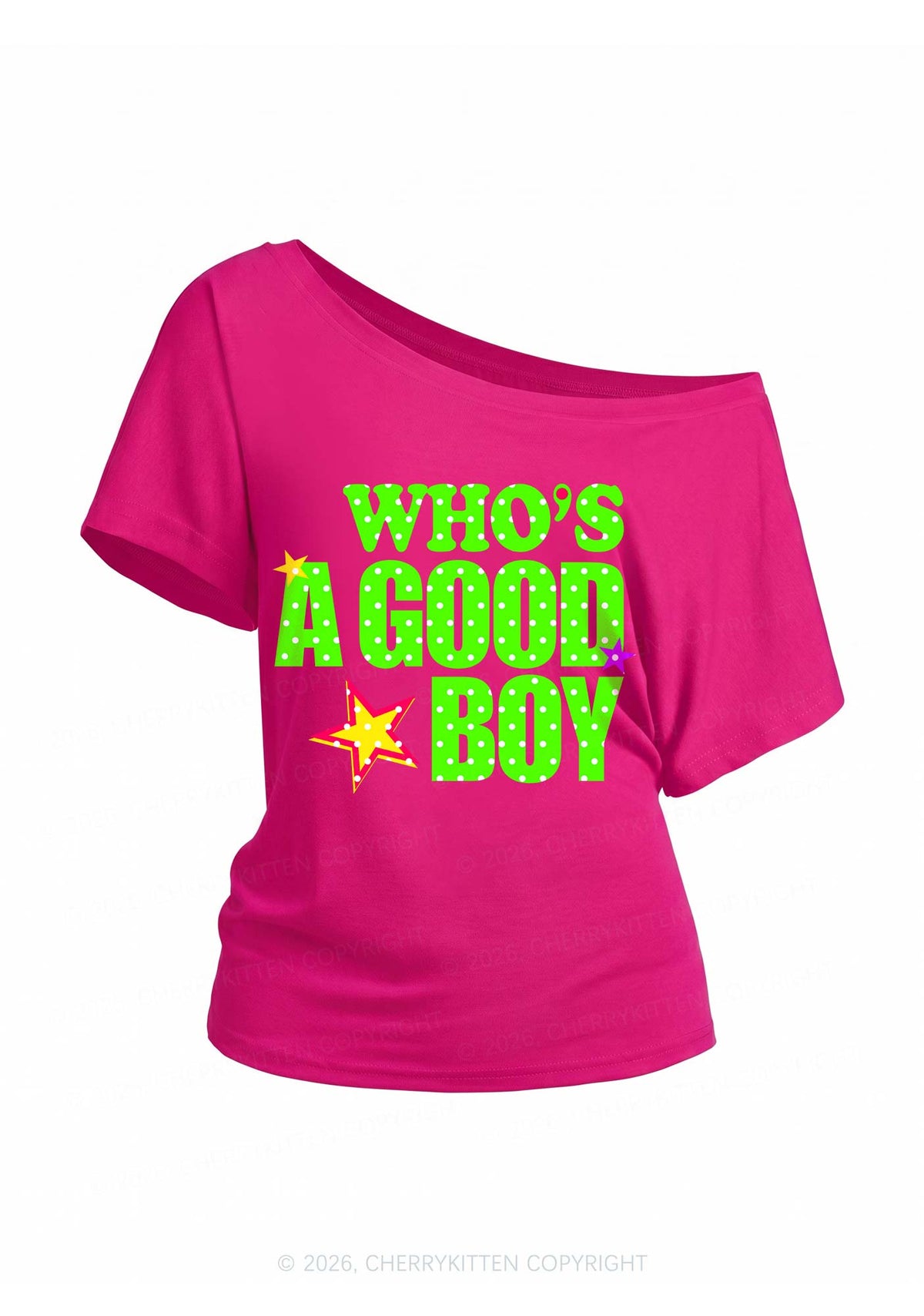 Whos A Good Boy Polka Dots Y2K Off Shoulder Tee Cherrykitten
