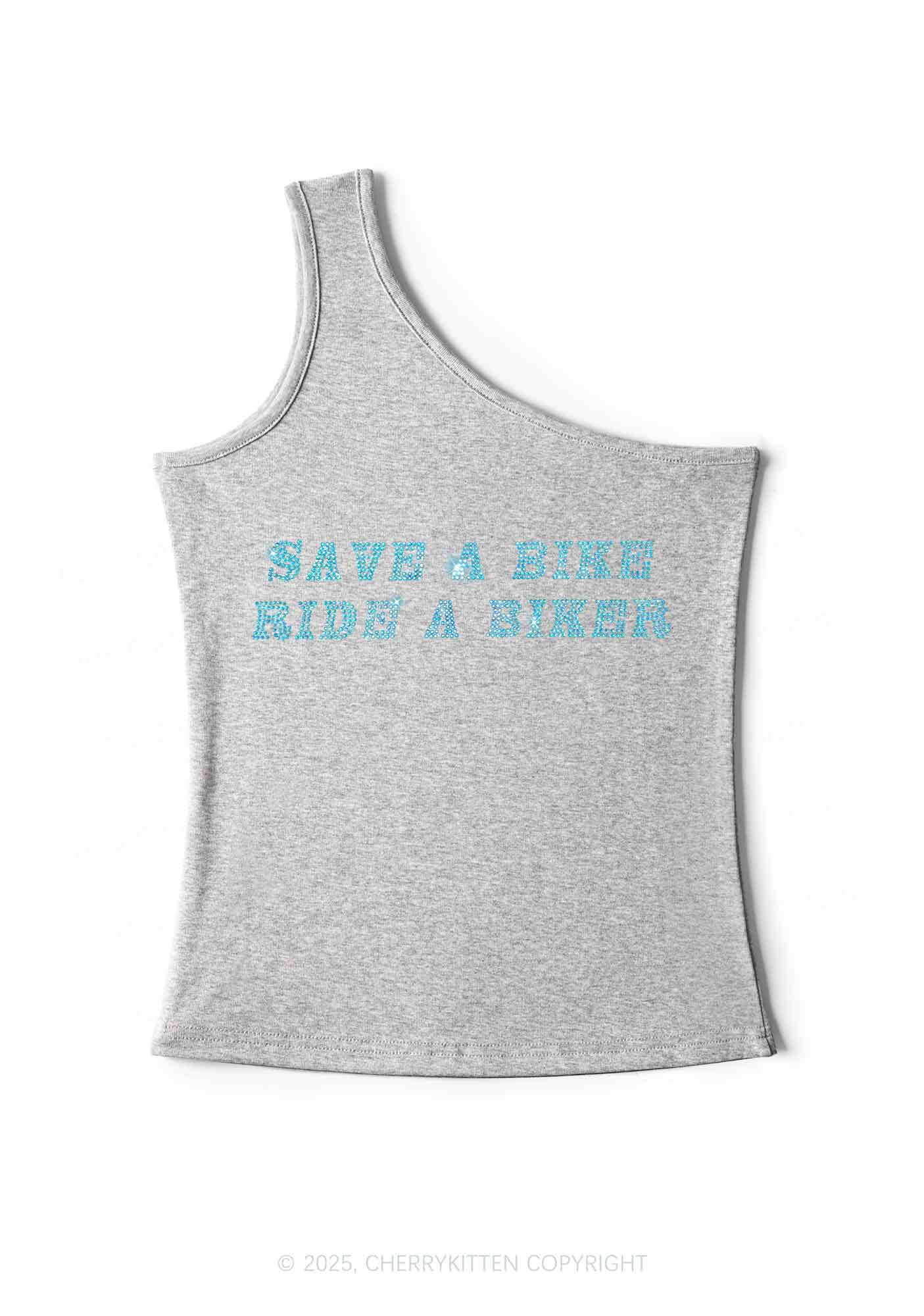 Rhinestone Save Bike Ride Biker Y2K One Shoulder Tank Top Cherrykitten