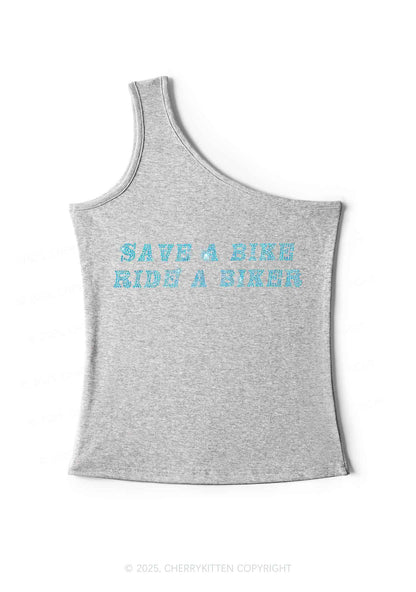 Rhinestone Save Bike Ride Biker Y2K One Shoulder Tank Top Cherrykitten