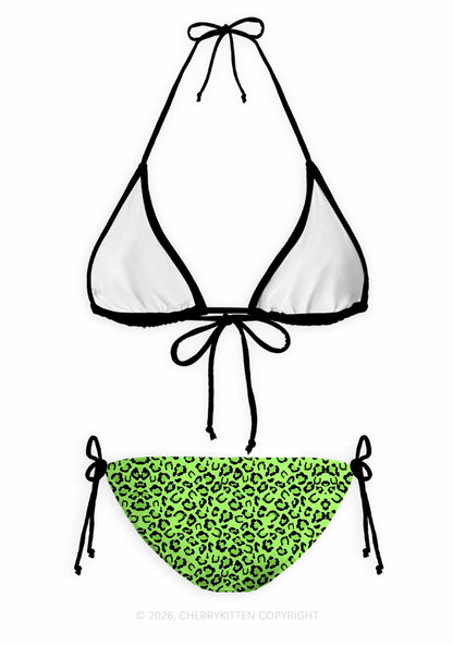 Fluorescent Green Leopard St Patricks Y2K Print Bikini Set Cherrykitten