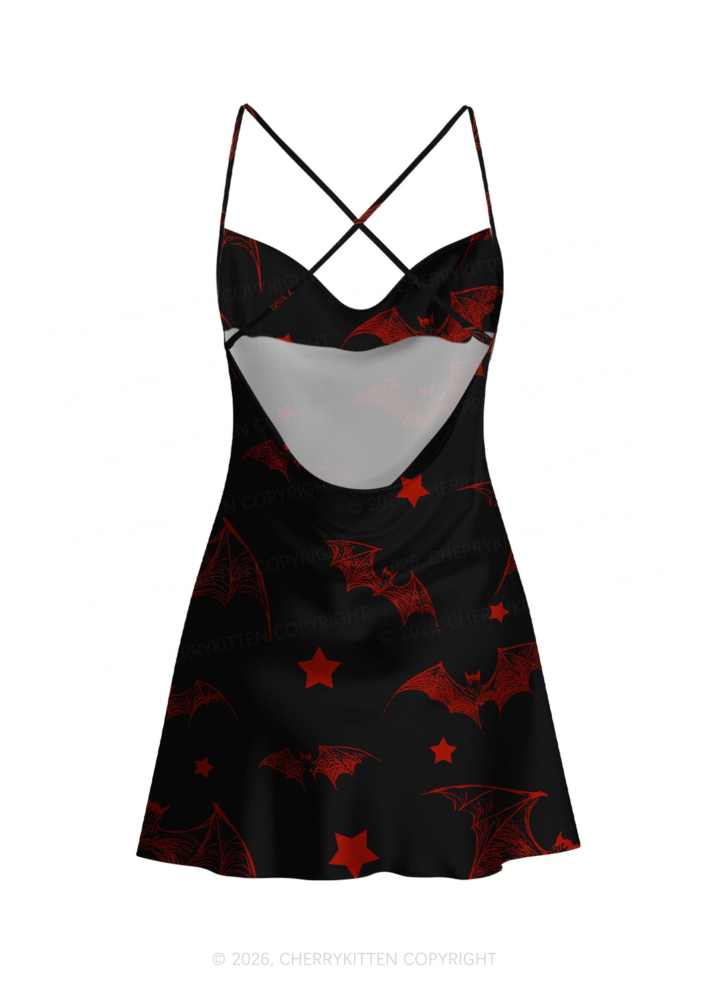Bat And Star Y2K Print Satin Cowl Neck Slip Dress Cherrykitten