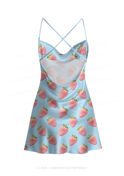 Pastel Pink Strawberry Y2K Print Satin Cowl Neck Slip Dress Cherrykitten