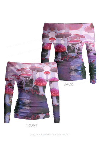 Pink Mushroom Y2K Off Shoulder Fold Over Knit Top Cherrykitten