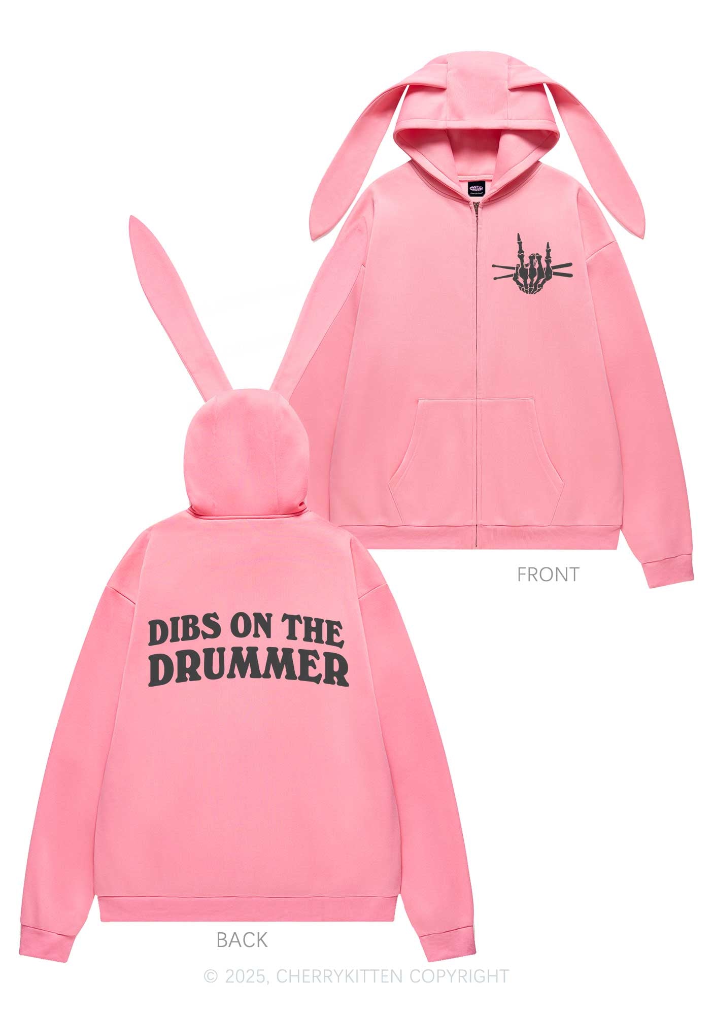 Dibs On The Drummer Y2K Bunny Ear Zip Hoodie Cherrykitten