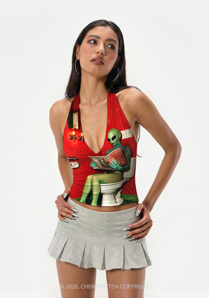 Halloween Alien On Toilet Y2K Print Halter Deep V Neck Cami Cherrykitten