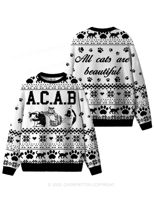White ACAB Cats Y2K Christmas Knit Sweatshirt Cherrykitten